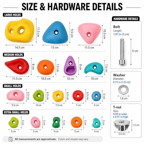 36 Pack Rock Climbing Holds with M10 Hardware, Textured Resin Wall Grips | Assorted shapes for route setting; fits garage & home gym wood walls; 230lb capacity; adult install required