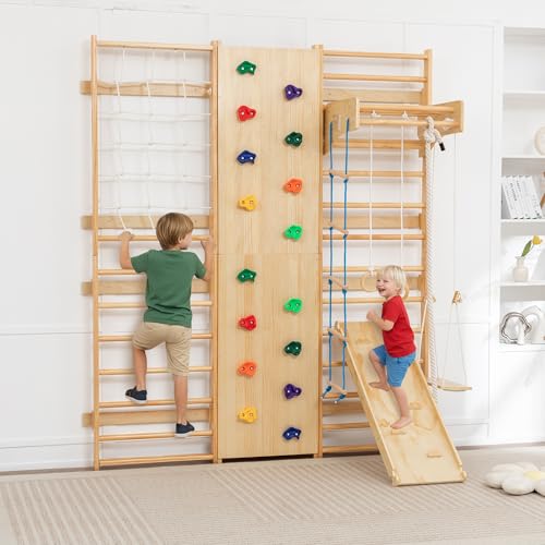 10-in-1 Swedish Ladder Indoor Jungle Gym for Kids Ages 3–12, 500 LBS Wooden Wall-Mounted Climbing Set with Slide, Swing, Rings, Monkey Bars – Montessori Play & Fitness Playground - size: 10-in-1