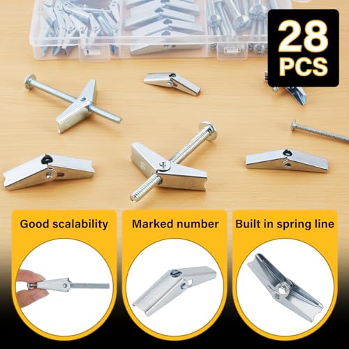28PCS Toggle Bolts Wing Nuts Heavy Duty Hollow Wall Anchors 3 Sizes | 1/4" 3/16" 1/8" Butterfly Anchors, For Drywall Ceiling, Hang Shelves Heavy Fixtures, Metal Drywall Anchor and Screws Kit