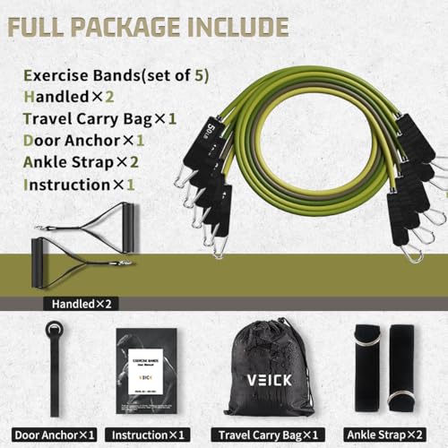 VEICK 10-150LBS Resistance Bands with Handles, Ankle Straps, Door Anchor | Accredited Lab Certified, 100% Natural Latex, Versatile for Yoga, Pilates, Strength, Home Gym - color: Army Green, style: 10-150LBS