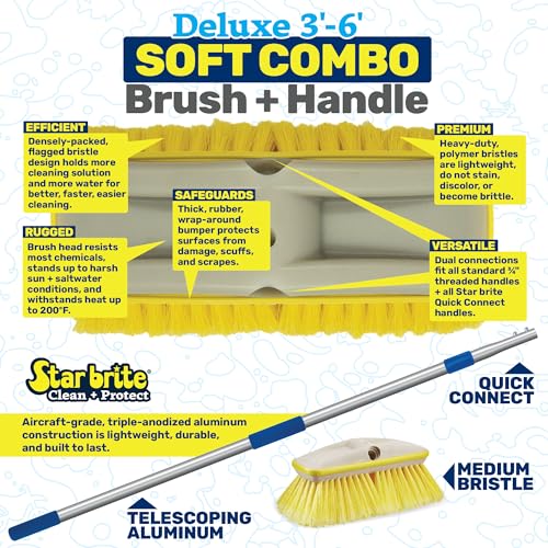 STAR BRITE Deluxe Telescoping Deck Brush Kit - Extendable 3'-6' Aircraft-Grade Aluminum Handle, Floats if Dropped, Ergonomic Design, Multi-Surface Cleaning - Soft Yellow Bristles - (040191) - style: Yellow, Soft
