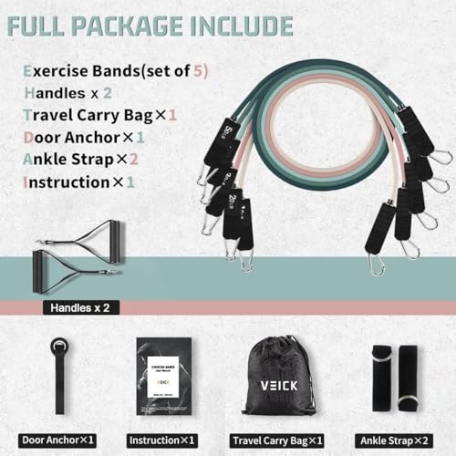 VEICK 10-150LBS Resistance Bands with Handles, Ankle Straps, Door Anchor | Accredited Lab Certified, 100% Natural Latex, Versatile for Yoga, Pilates, Strength, Home Gym - color: Macaron, style: 10-150LBS