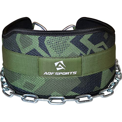 AQF Dip Belt with 36" Steel Chain - Neoprene Padded Back Support Belt | Secure Carabiners for Weighted Pull ups, Dips, Gym, Powerlifting, Bodybuilding, Squat & Fitness - color: Green Camo