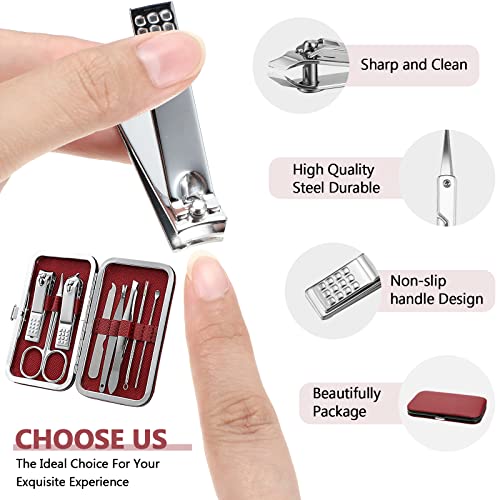 Geosar 12 Sets Manicure Set Nail Clippers Pedicure Kit 8 in 1 Grooming Stainless Steel Kits Nail Care Tools with Travel Case for Employee Coworker Teachers Nurse Gifts(Wine Red) - color: Wine Red