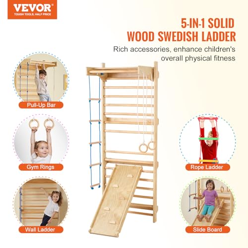 VEVOR Swedish Wall Gym, 15-Level 5 in 1 Wooden Indoor Jungle Gym, 220 lbs Load Capacity Playground Climbing Toys with Pull-Up Bar, Gymnastic Rings, Wall Ladder, Rope Ladder, and Slide Board - style: 15-Level 5 in 1