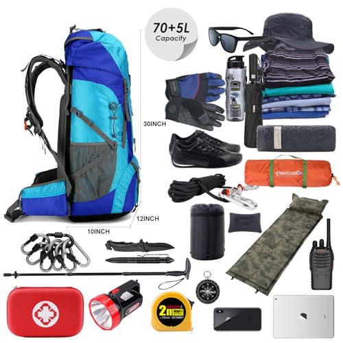 75L Hiking Backpack with Rain Cover Waterproof Camping Backpack Shoes Warehouse for Men Women, Frameless - color: Blue, size: 75L