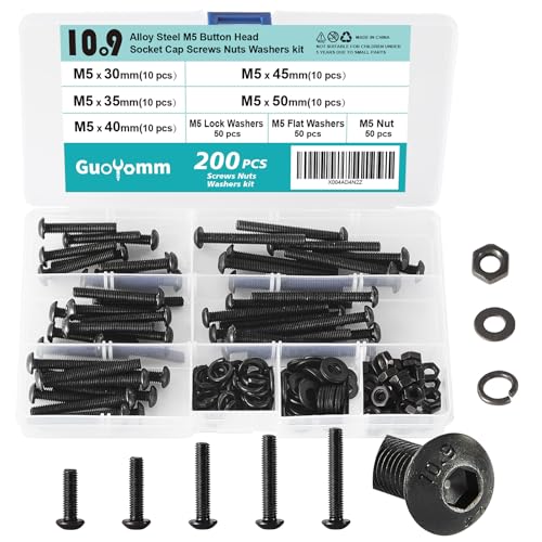 200 PCS M5 x 30mm 35mm 40mm 45mm 50mm, Button Head Socket Cap Screws Bolts Washers Nuts Assortment Kit, 10.9 Grade Alloy Steel, Black Oxide Finish, Metric Allen Hex Drive - size: Button M5x30/35/40/45/50 mm