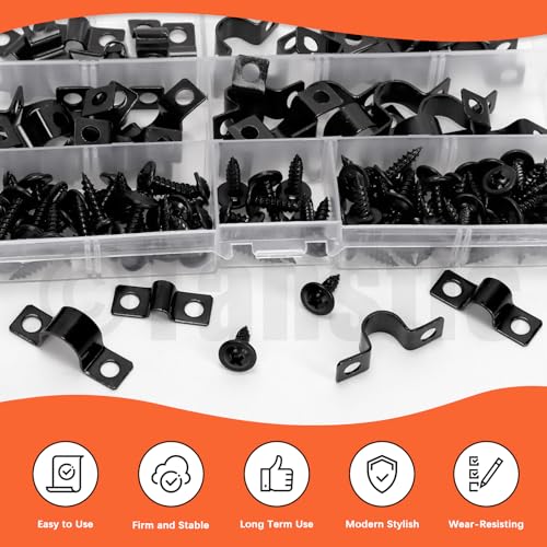 Tanstic 25Pcs Black Two Hole Pipe Strap, 1/2” Two Hole Strap U Bracket Rigid Pipe Strap Pipe Strap Clamp with Phillips Modified Truss Head Wood Screws for Fixing Pipe, Conduit, U Bracket - size: 1/2"