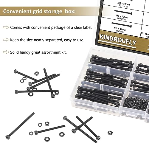 402 Pieces Black M3 x 30/35 /40/45 /50 mm Hex Socket Head Cap Screws Nuts Washers Assortment Kit, 12.9 Grade Alloy Steel - size: M3 x 30/35/40/45/50mm, style: Socket Head