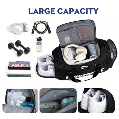 3-in-1 Gym Duffle Backpack - 35L Waterproof Sports Travel Bag with Shoe Compartment & Wet Dry Pocket, Convertible Backpack/Handbag/Shoulder Bag for Men Women, Black (Black) - color: Black