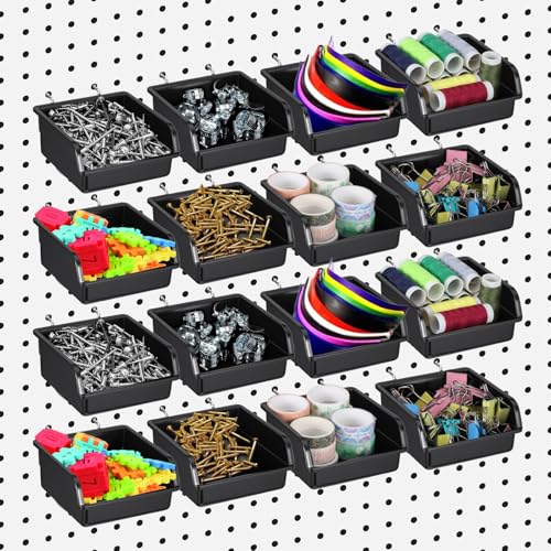16 Pcs Black Pegboard Bins with Metal Hooks, Heavy Duty Plastic Storage Organizer, Pegboard Tools Organizer for Garage, Workshop, Craft Room, Hardware Tools