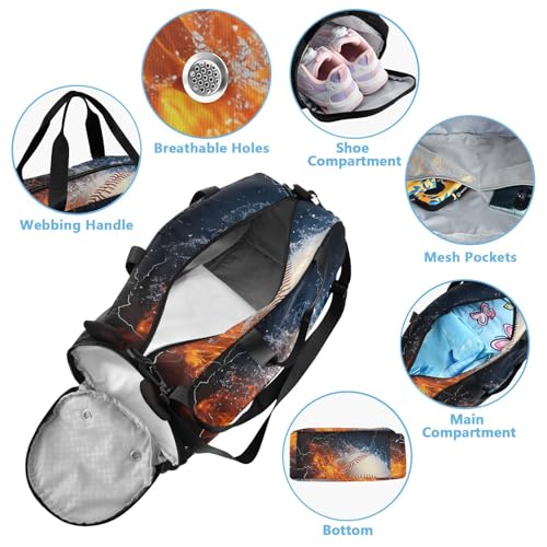 Kids Sports Duffel Bag for Boys & Girls - Fire Ice Baseball 100% Polyester Gym Bag with Separate Shoe Compartment, Adjustable Shoulder Strap, Compact Travel & Workout Gear Bag - color: Fire Ice Baseball