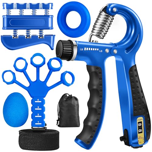 Grip Strength Trainer Kit (5 Pack) Adjustable Resistance Hand Gripper,Finger Exerciser,Hand Extension Exerciser,Stress Relief Ball and Forearm Workout Ring for Muscle Building Injury Recover - color: Blue