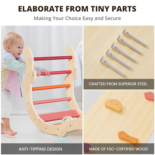 BlueWood Pikler Triangle Set, Toddler Climbing Toys Indoor 7in1 Foldable | Wooden Climber for Kids, Montessori Philosophy Play Jungle Gym with Arch, Ramp, Ladder (Farm Charm Autumn) - color: Farm Charm Autumn