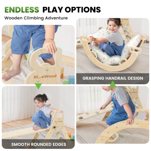 BlueWood Pikler Triangle Set with Cushion, 8-in-1 Climbing Toys for Toddlers, Montessori Philosophy Play Jungle Gym with Arch, Ramp, Ladder(Elegant Gray) | Foldable 8-in-1 Montessori Philosophy Toddler Climbing Toys Indoor with Reversible Ramp, Arch and L