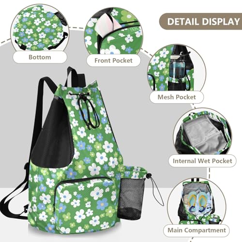Drawstring Bags Climbing Gym Bag With Water Bottle Holder Cinch Sacks Dry Wet Separation Green White and Blue Flowers