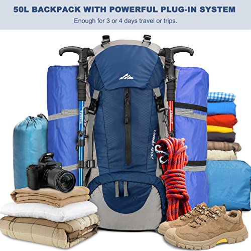Loowoko 50L Hiking Backpack, Waterproof Camping Essentials Bag with Rain Cover, 45+5 Liter Lightweight Backpacking Back Pack - color: Dark Blue