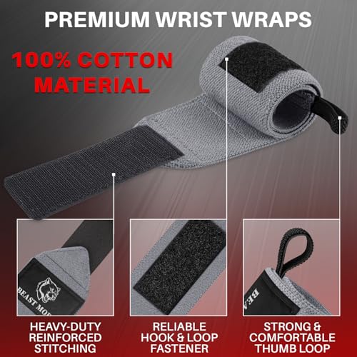 TECEUM Weightlifting Wrist Wraps with Thumb Loop – Gray – Beast Mode – 18 inch – Heavy-Duty Workout Wrist Support & Protection – Ideal for Powerlifting, Strength Training, Bodybuilding