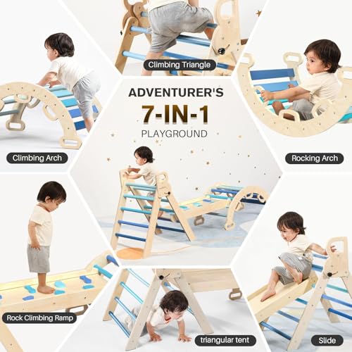 BlueWood Pikler Triangle Set with Safe Handle, Climbing Toys for 1-3 Year | Foldable 7-in-1 Montessori Toddler Climbing Toys Indoor, Wooden Pickler Climbing Set, Baby Jungle Gym & Playground, Sky Blue - color: Sky Blue