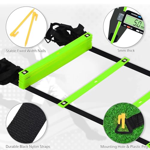 Fixed Rung Agility Ladder - 20ft 12 Rungs No Tangle Speed and Agility Training Equipment for Soccer Footwork Training with Carrying Bag/Ground Stakes for Adults Youth Kids - color: Green
