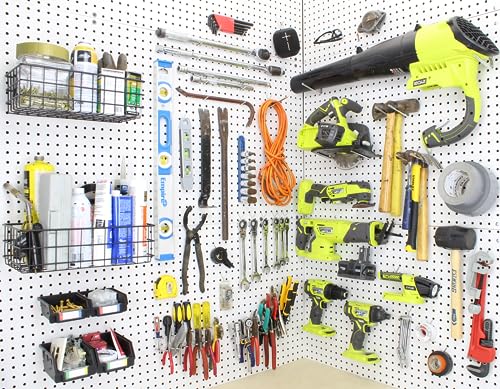 Peg Board Hooks for Hanging Tools with Bins and Baskets – Tool Organization Accessories Kit – Organizer Set of 1 inch, 2 inch, 4 inch L Hooks, J Hook, Pliers Rack, Screwdriver Holder - size: Set w/ Baskets+Bins