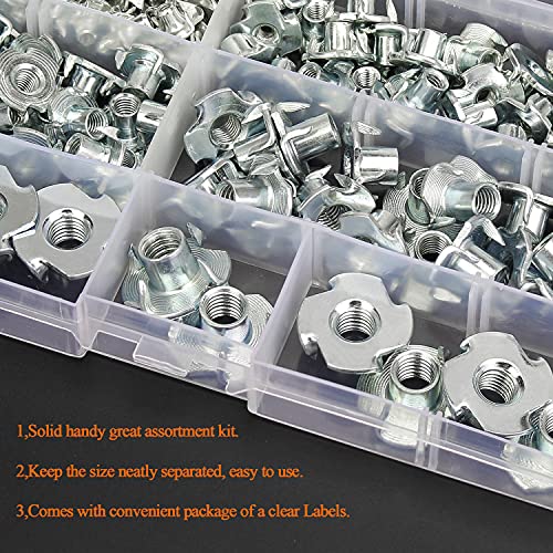 HELIFOUNER 120 Pieces M3 M4 M5 M6 M8 T Nuts Four Claw Nuts Assortment Kit for Wood, Rock Climbing Holds, Cabinetry