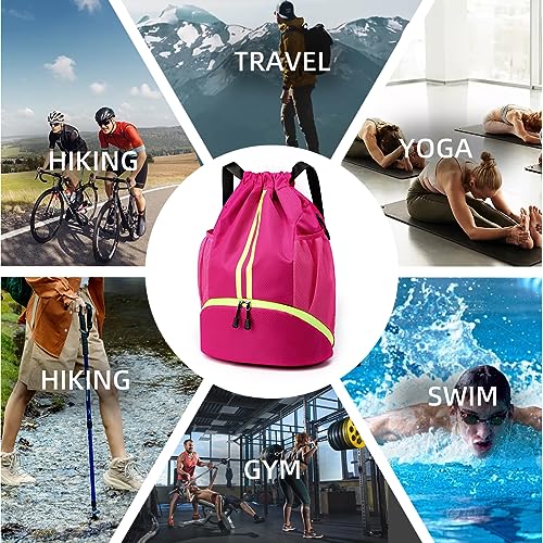 Valleycomfy Sports Drawstring Backpack - Water Resistant String Bag Rose | with Side Mesh Pockets Shoe Compartment Gym Backpack for Women & Men - color: A-rose