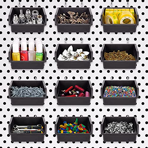 Pegboard Bins With Hooks, 12 Pack Peg Board Garage Tool Storage Organizers | 1/8" 1/4" Pegboard Accessories, Plastic Hanging Organizer Bins, Tool Storage for Screws Nuts Bolts Nails Small Hardware Parts