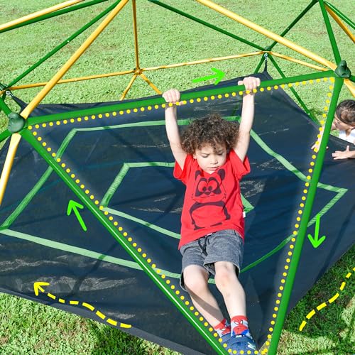 Merax 12FT Climbing Dome with Hammock, Outdoor Geometric Dome Climber | Playground Climber for Kids 3-10 Supporting 1000 lbs, Easy Assembly Play Center Jungle Gym - style: 12FT Yellow & Green