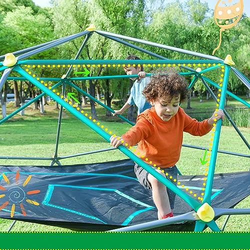 Merax 12FT Climbing Dome with Hammock, Outdoor Geometric Dome Climber | Playground Climber for Kids 3-10 Supporting 1000 lbs, Easy Assembly Play Center Jungle Gym - style: 12FT Green & Silver