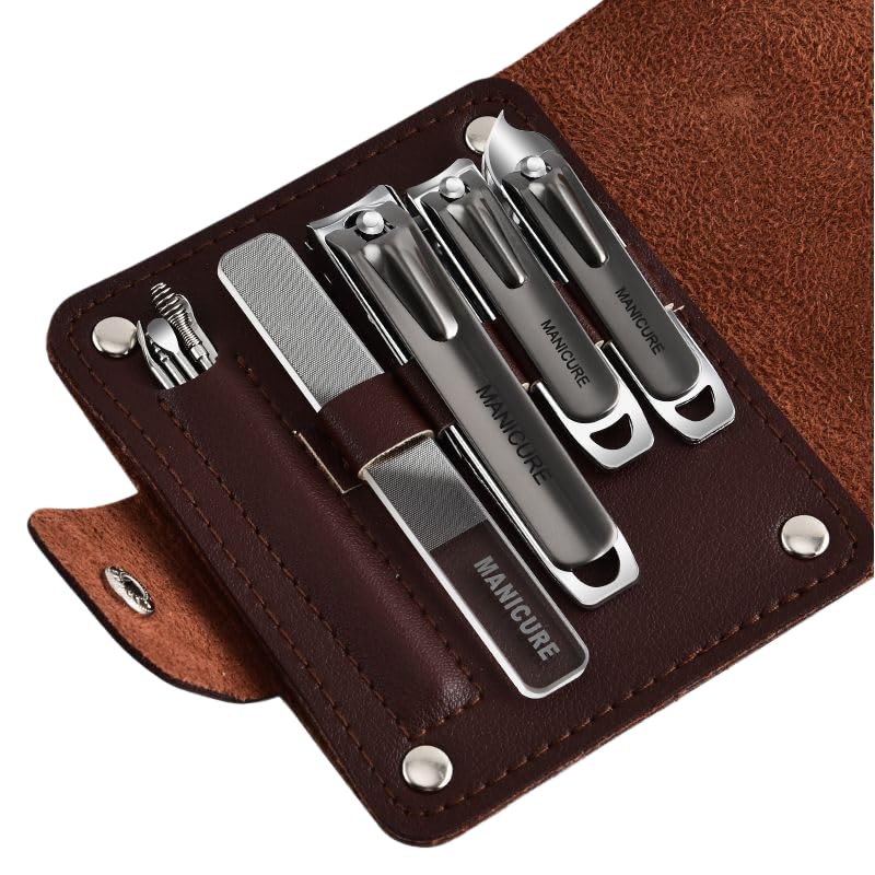 10 PCS Professional Nail Care Kit with Leather Case, Stainless Steel Manicure & Pedicure Kit,Slanted Blade Ingrown Toenail Clippers for Thick Toenails(Grey)