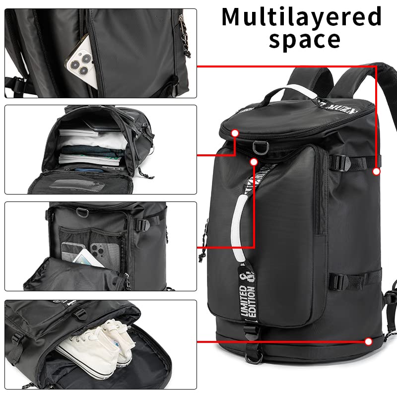 Gym Duffle Bag Waterproof black Laptop Backpack Suitable for Hiking, Fishing, Travel 40L Large Capacity Trendy Cool Lightweight Backpack for Men and Women (Black)… - color: Black