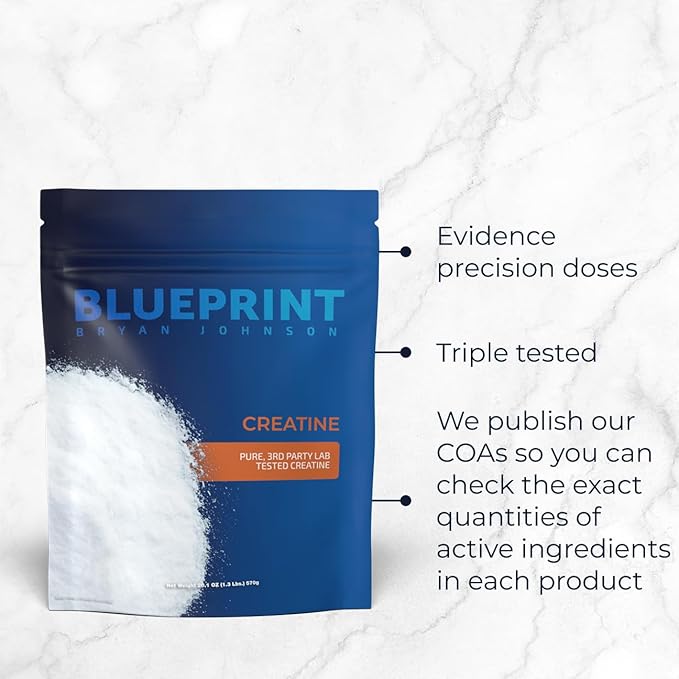 Blueprint Bryan Johnson Creatine Monohydrate Powder - Creatine Supplement for Muscle Builder & Recovery - Promotes Strength, Cognitive & Endurance Support (100 Servings)