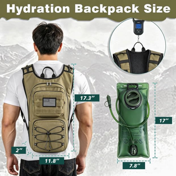 Hydration Backpack, Tactical Molle Water with 3L TPU Water Bladder | Lightweight Military Hydration Daypack for Hiking, Running, Cycling, Climbing, Biking, 105 oz, Breathable Back Panel - color: Khaki