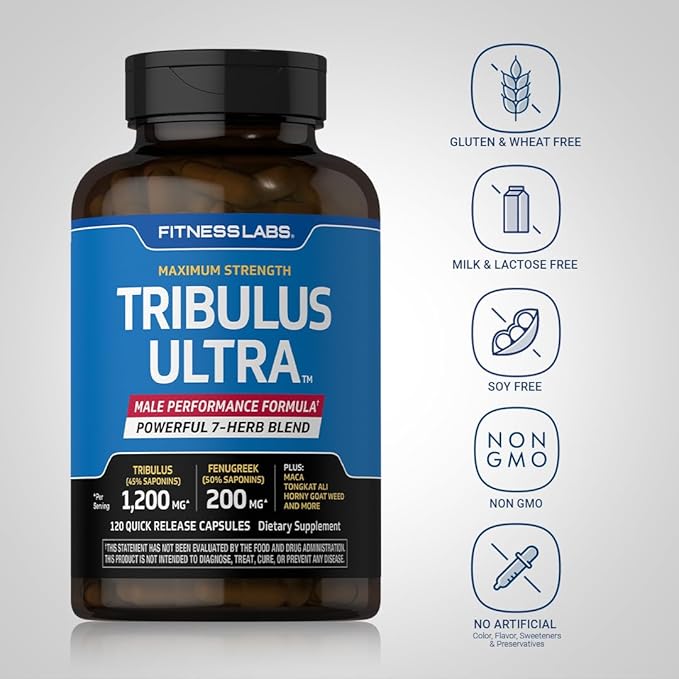 Fitness Labs Tribulus Terrestris for Men | 120 Capsules | 7-Herb Blend with Fenugreek and Maca Extract | Non GMO & Gluten Free