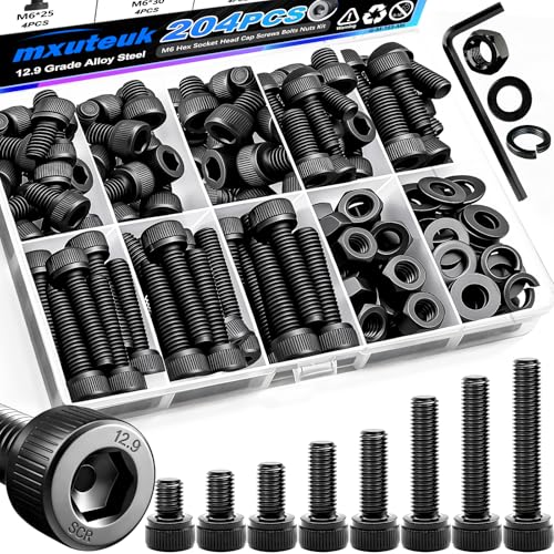 mxuteuk 204PCS M6 Screws,M6x8/10/12/16/20/25/30/35mm Hex Socket Head Cap Bolts with Nuts & Washers,12.9 Grade Alloy Steel Black Zinc Screws Assortment Kit for 3D Printing,DIY - size: 204PCS M6, style: Hex Socket Head