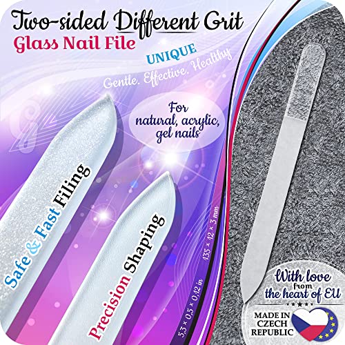 GLADZY Czech Glass Nail File Set - Multifunctional Nail Shiner Buffer, Callus Remover Foot Rasp, Glass Cuticle Pusher Manicure Stick, Etched Surface, Professional Nail Care Tool, Made in EU - color: All-in-one Set - With Shiner