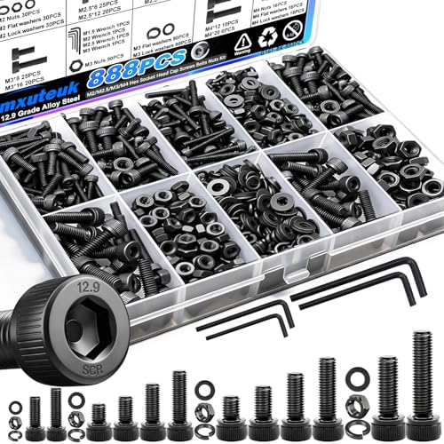 mxuteuk 888PCS Metric Screws Assortment,M4 M3 M2.5 M2 Screws Kit, Suitable for 3D Printing DIY, Grade 12.9 Alloy Steel Hex Socket Head Cap Bolts Nuts and Washers Kit, Black Zinc Plated - size: 888PCS M2 M2.5 M3 M4, style: Hex Socket Head