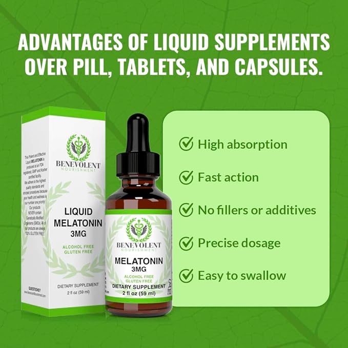 Benevolent Melatonin Liquid for Adults 3mg, Liquid Melatonin Drops for Kids 2 Month Supply, Berry Vanilla Flavor & Made in USA, Melatonin Sleep Aid Helps Fall Asleep Faster & Stay Asleep Longer