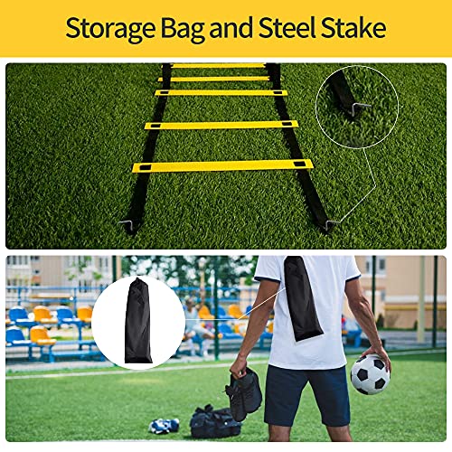 12 Rungs Agility Ladder Set, Training Ladder with Steel Stakes and Carry Bag for Soccer, Speed Fitness Feet Training - color: 1 Pack-Yellow