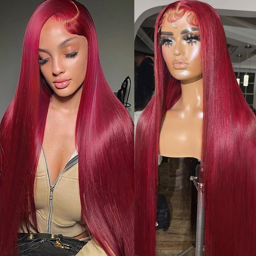 Sweetie 99J Burgundy 13X4 Lace Front Wigs Human Hair 180% Density 26 Inch Straight Lace Front Wigs Human Hair Glueless Wigs Huma