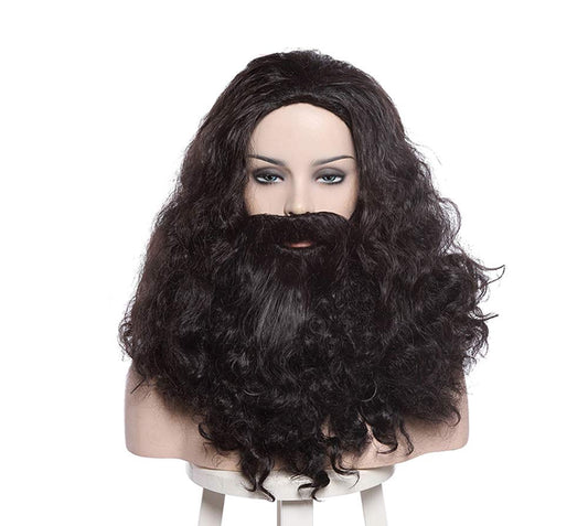 Man'S Long Brown Curly Cosplay Wig With Beard For Move Halloween Wig
