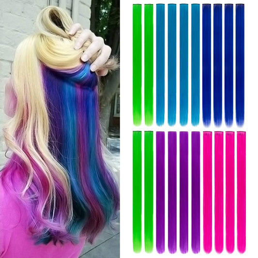 20 Pieces Party Highlights Clip In Colored Hair Extensions Colorful Hair Extensions 20 Inches Straight Synthetic Hairpieces(Blue