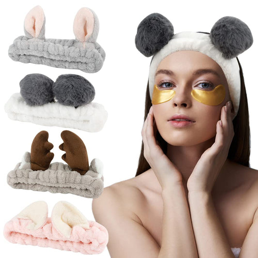Ahoney Animals Ears Headbands, Cute Makeup Spa Fuzzy Skincare Headband For Washing Face Headband For Women Girls Coral Fleece El