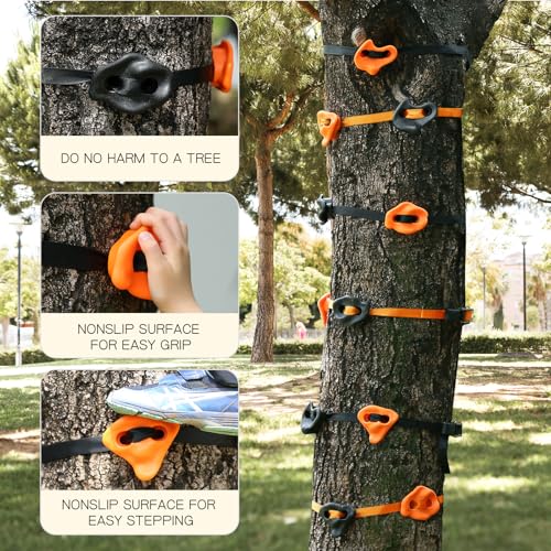 TOPNEW 20 Ninja Tree Climbing Holds for Kids Climber, Orange & Black Tree Climbing Kit with 6 Ratchet Straps for Outdoor Ninja Warrior Obstacle Course Training - style: 20 Pcs Orange & Black 2