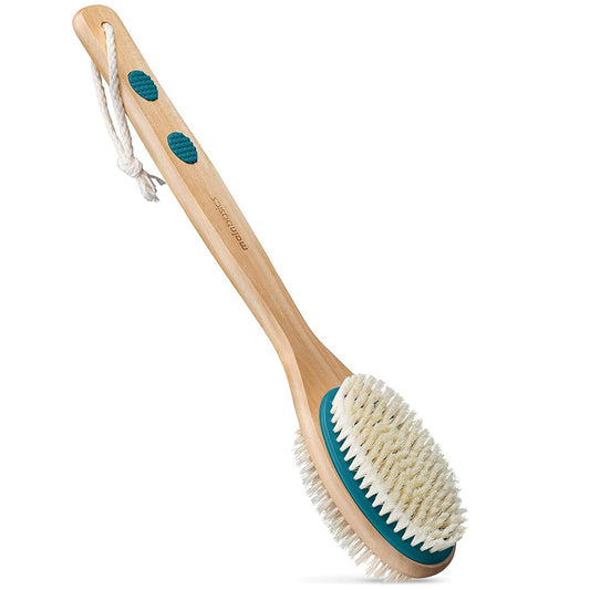 Mainbasics Back Scrubber For Shower Long Handle Back Brush Dual-Sided With Exfoliating And Soft Bristles (Teal, Wood)