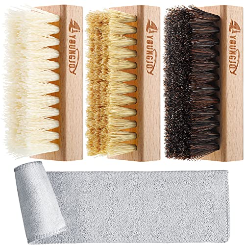 YoungJoy 3 Pieces Dual Sided Sneaker Shoe Cleaner Brush Set Shoes Clean Brush Kit Both Boar and Plastic Bristles with Microfiber Cloth (B) - style: B