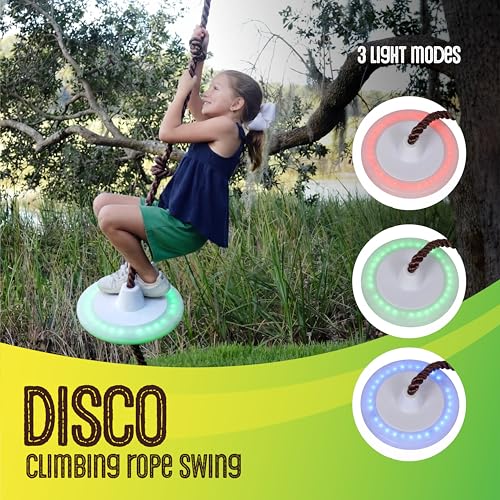 Swurfer Disco Tree Swing - Swing Sets for Backyard, Outdoor Swing, Swingset Outdoor for Kids, Easy Installation, Heavy Duty, Adjustable Climbing Rope, Weather Resistant - style: Disco Swing With Climbing Rope - Glow – Disco LED Swing