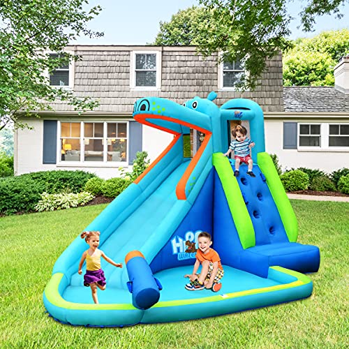 OLAKIDS Inflatable Water Slide, Hippo Themed Bounce House Water Park with Slide Splash Pool Climbing Wall Water Gun, Outdoor Inflatable Obstacle Course Jumping Castle for Kids Backyard - style: without Blower