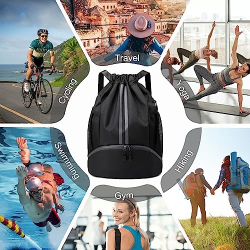 Hoedia Sports Drawstring Backpack - String Swim Gym Bag with Shoes Compartment and Wet Proof Pocket for Women&Men | String Bag with Shoes Compartment and Wet Proof Pocket, Adjustable Wider Shoulder Strap, For Soccer, Basketabll, Volleyball - color: Black,